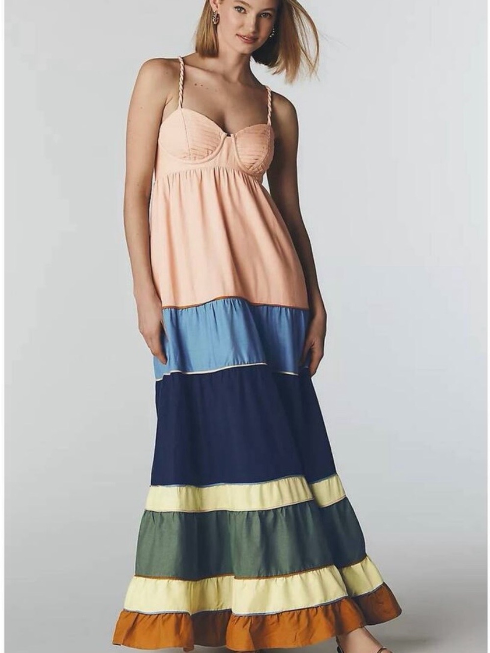 FARM Rio Peach, Light Blue & Navy Tiered Maxi Dress NWT